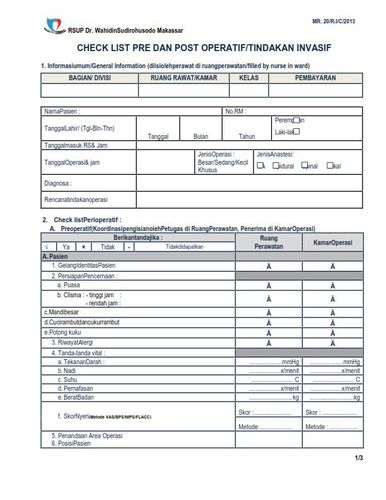 MR.20/R.I/C/2013 (checklist pre dan post operatif/tindakan invasif)