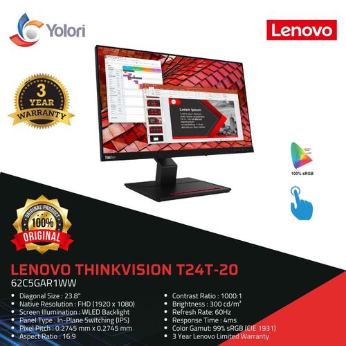 Lenovo ThinkVision T24t-20 23.8 inch (Touch Monitor) 3 Year Warranty