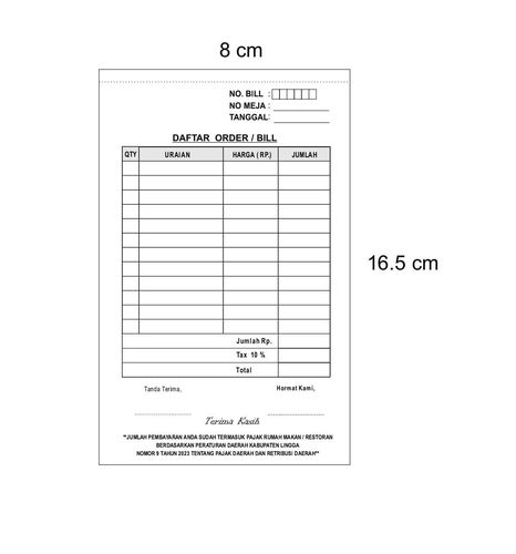 custom nota size 8x16,5cm