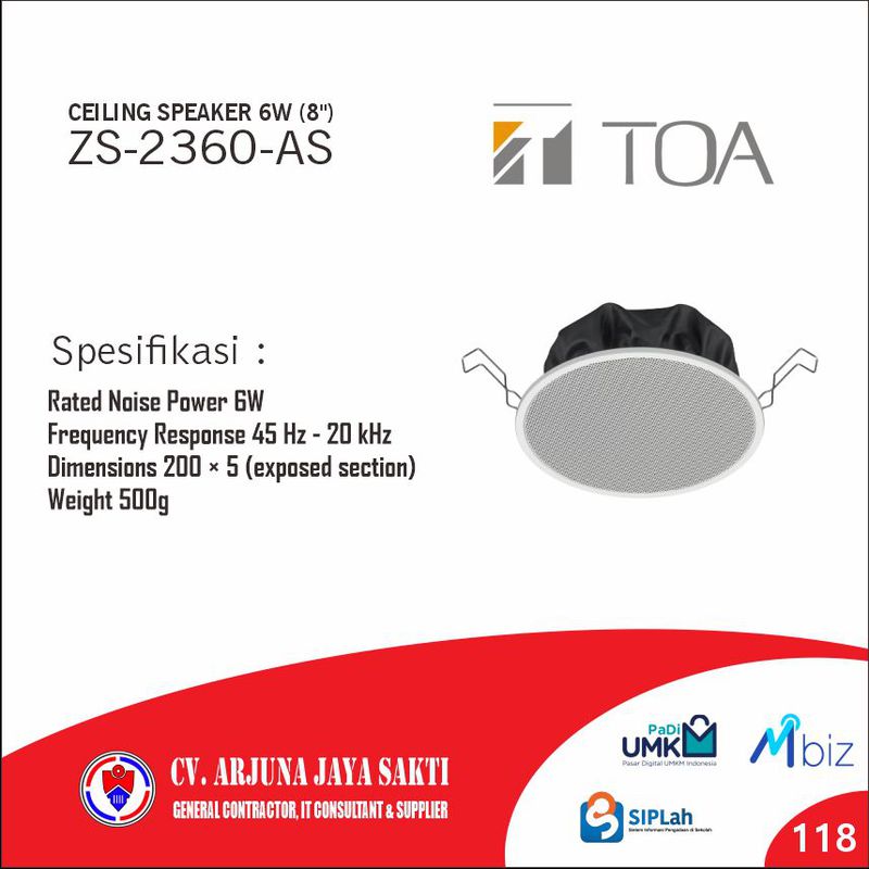 TOA Ceiling Speaker 6 W (8") ZS2360AS