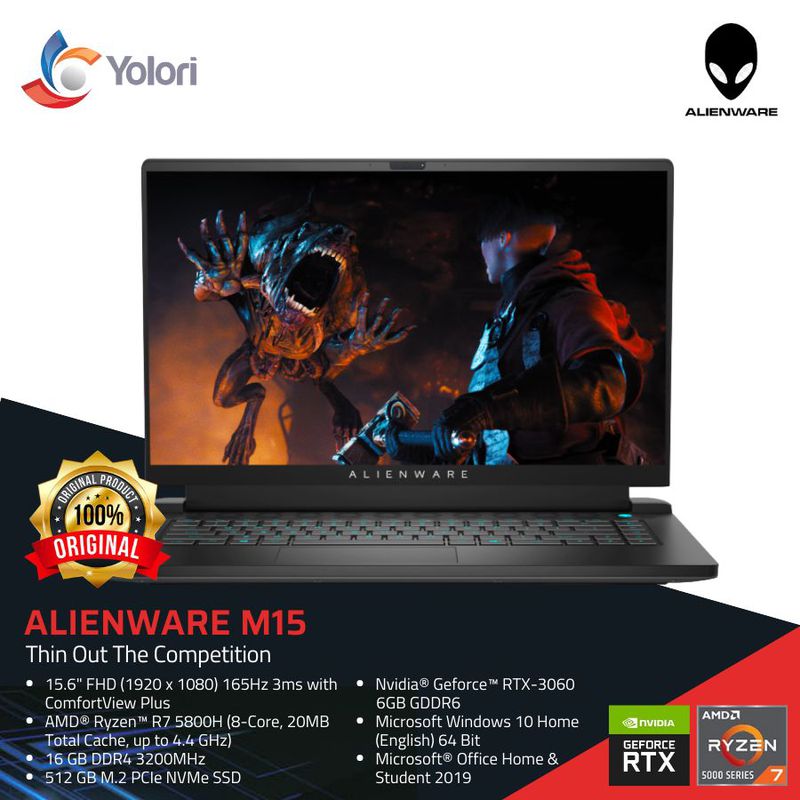 Alienware M15 R5 R7-5800H 16GB 512GB Nvidia RTX 3060 6GB Windows 10 + OHS