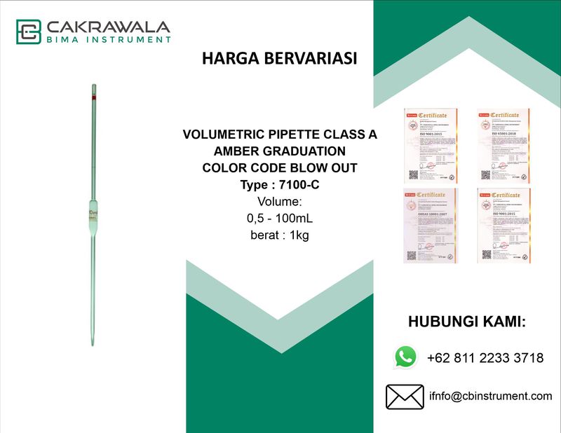 Volumetric Pipette, Class A, Amber Graduation, Color Code, Blow Out, 50