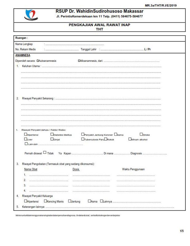 MR.3a/THT/R.I/E/2019 (pengkajian awal rawat inap THT)