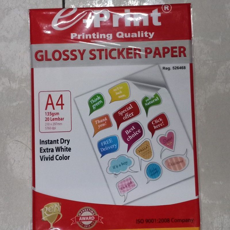 Kertas Stiker A4 glossy Merk Eprint 1 Pak Isi 20 Lembar