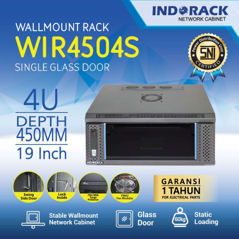 INDORACK 4U Depth 450mm WIR4504S Wallmount Single Door Server Rack