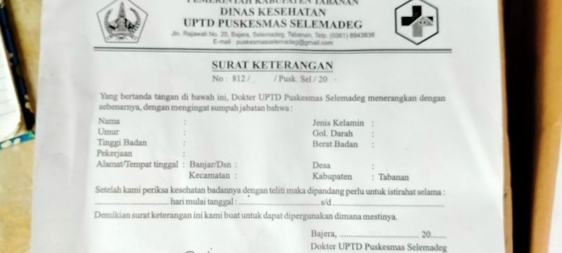 Surat Keterangan Sakit Puskesmas Selemadeg