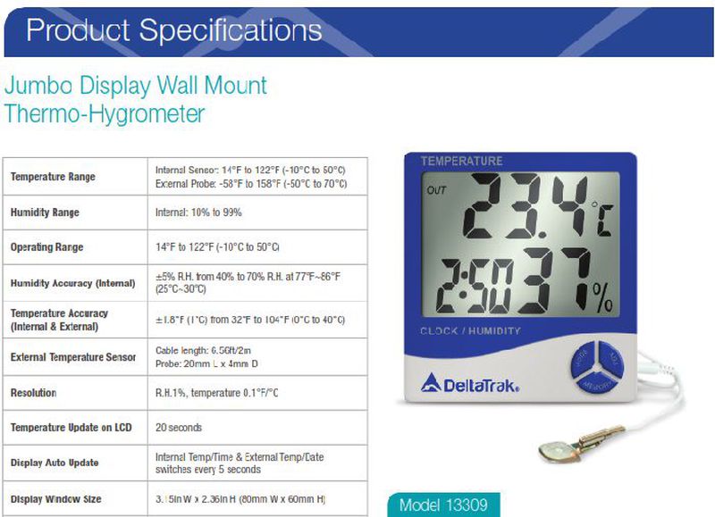 Jumbo Display Wall Mount Thermo-Hygrometer, Model 13309 - DeltaTrak