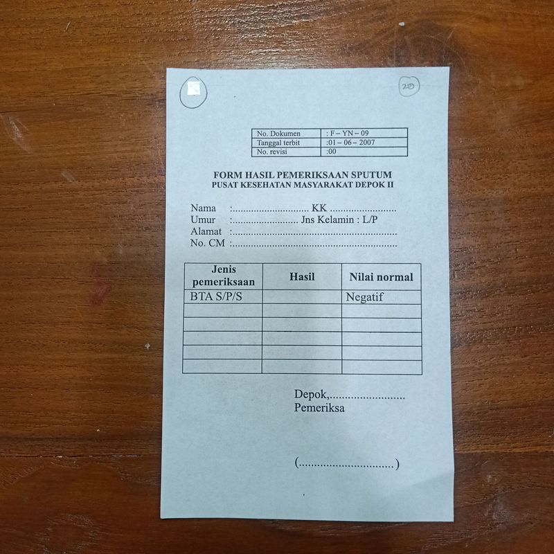 Blanko Form Hasil Pemeriksaan Sputum