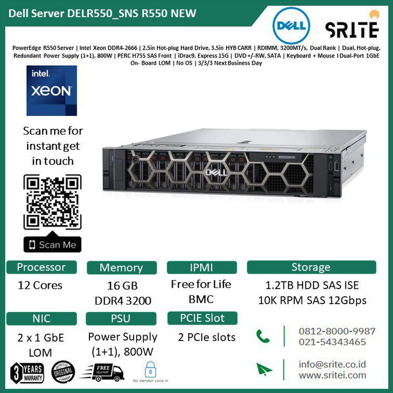 Dell Server Intel Xeon Gen 3 4310 8 Core 16 GB Memory 1.2TB HDD R550