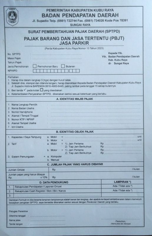Form SPTPD Pajak Barang dan Jasa Tertentu (PBJT) Jasa Parkir