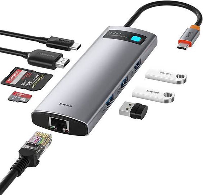 Baseus 8 in 1 - Type C Hub to HDMI USB 3.0x3 RJ45 Reader