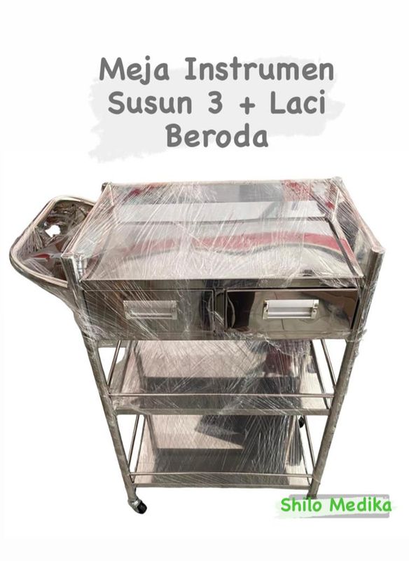 Meja Instrumen/Trolly Stenlis Susun 3 + Laci