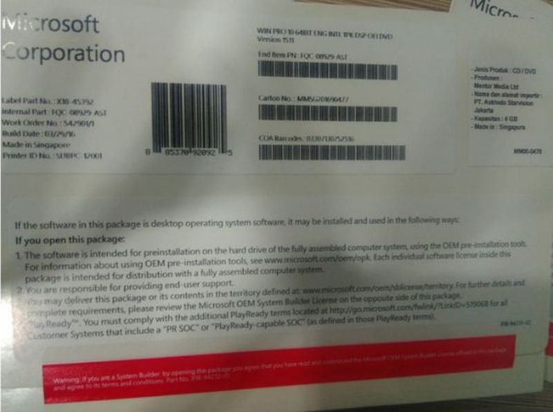 Windows 10 Pro / Win 10 Pro 64 Bit OEM Original RESMI
