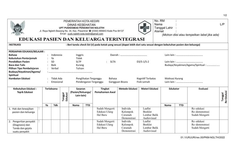 Form Edukasi Pasien dan Keluarga Terintegrasi