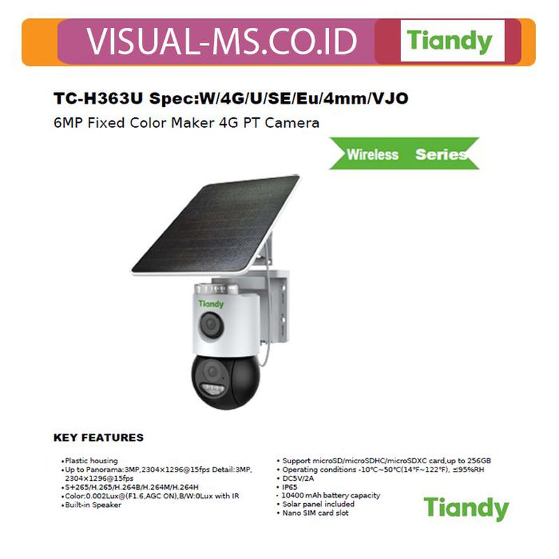 Kamera IP cctv Tiandy TC-H6 6MP 4G 3+3MP TC-H363U Solar panel Dual Lens ...