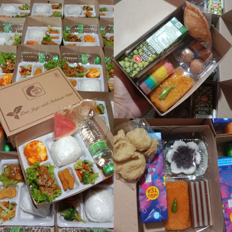 Nasi ayam, naget, telur, tumis sayur, lalapan, snack pagi dan snack sore