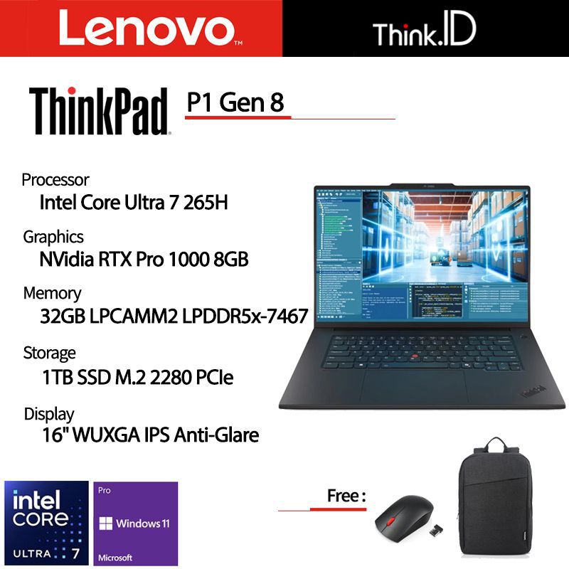Lenovo ThinkPad P1 Gen 8 Ultra 7 265H 32GB 1TB SSD RTX Pro 1000 8GB 16 ...