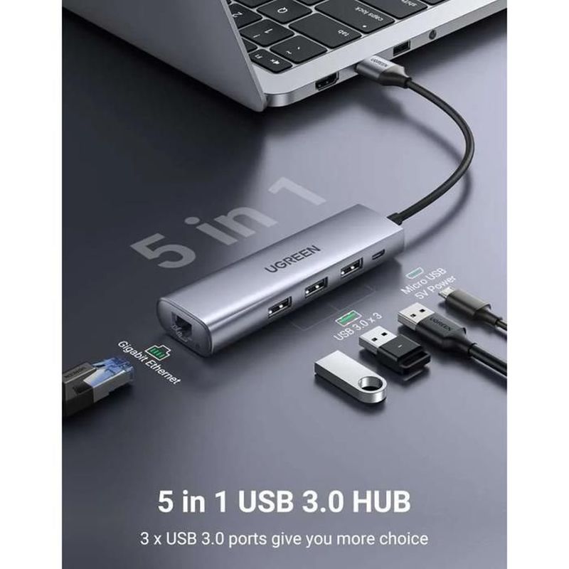UGREEN 60812 USB HUB 5 in 1 USB A to 3 USB 3.0 RJ45 LAN Ethernet Micro ...